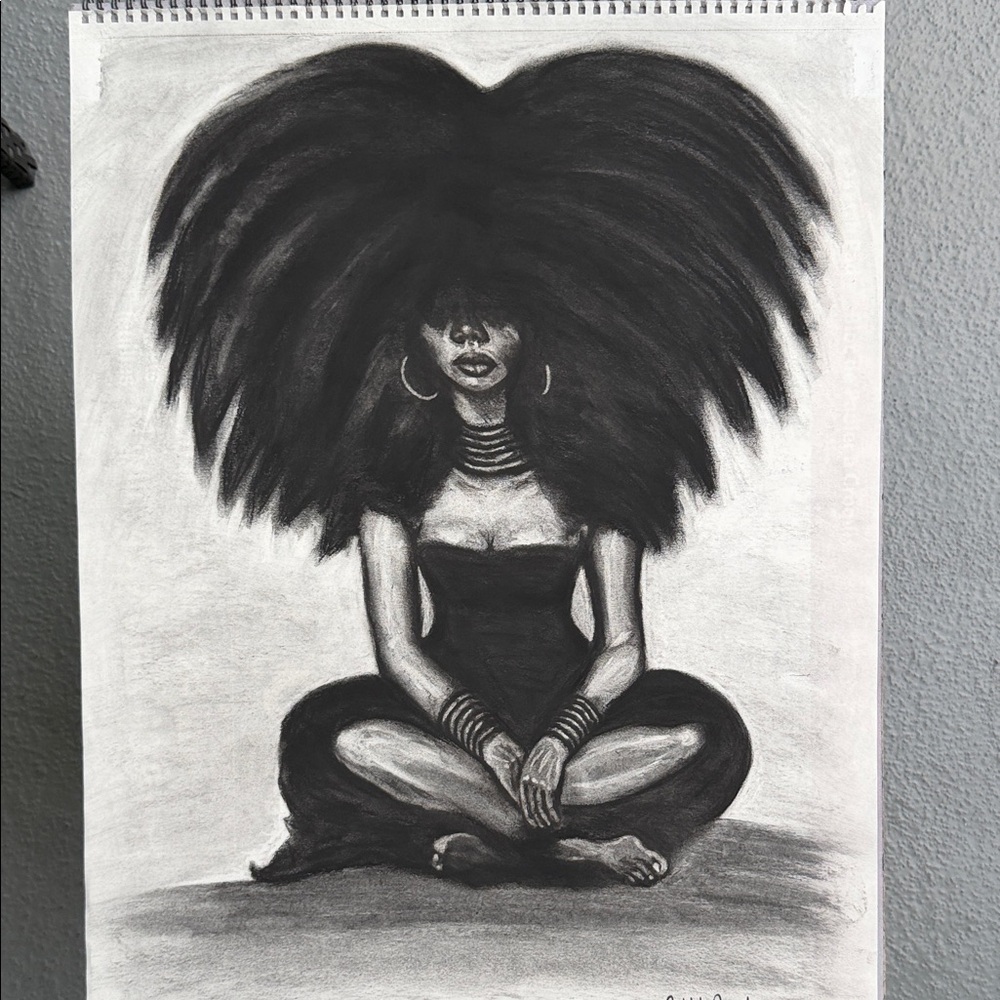Charcoal Art Print of Woman with Voluminous Hair